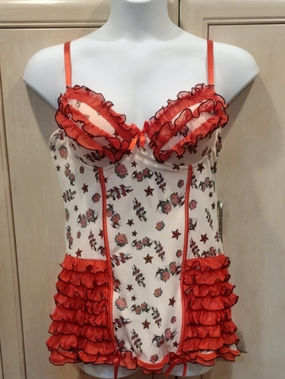 ❤️‍🔥Vtg Y2K Flame Tag Torrid Rose Tattoo Ruffle Corset Chemise